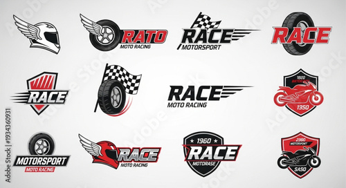 Collection of race-themed logos with wings, wheels, and checkered flags for motorsport branding.