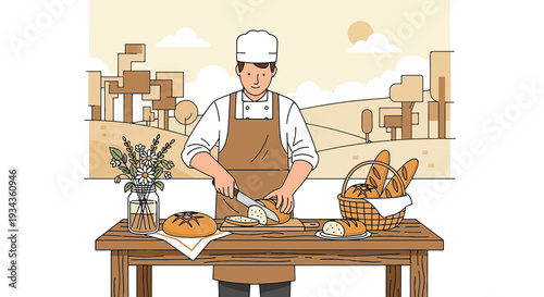 Baker Cutting Bread in Rustic Kitchen with Spring Flowers and Fresh Pastries