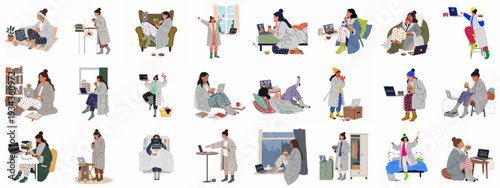 Cozy home life illustrations: Woman working remotely, relaxing, and enjoying daily routines in pajamas and a robe with coffee and pie.