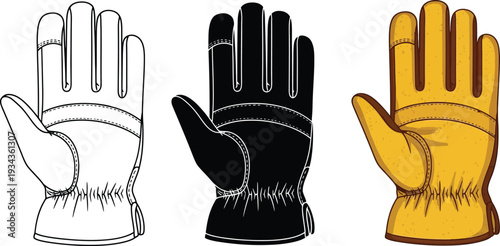 Collection of work gloves in outline silhouette and color vector styles representing protection and safety for manual labor