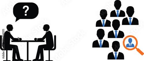 Job Interview and Recruitment Concept with Candidate Selection, Business Meeting Silhouettes, and Talent Search Magnifying Glass Illustration