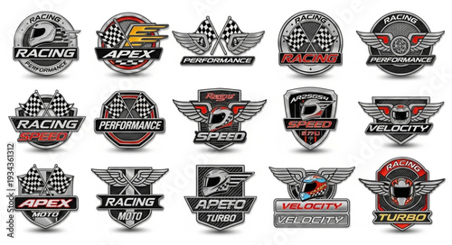Collection of racing emblems with wings and checkered flags for speed and performance.