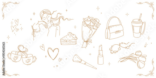 Foto Minimalist feminine gold line set with woman portrait, bouquet of roses, coffee cups, cake, handbag, lipstick, jewelry, for beauty branding, fashion design, packaging, greeting cards