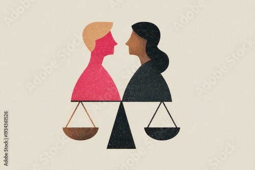 Justice concept with man and woman facing each other above balanced scales, symbolizing equality, fairness, law, and gender balance in society and legal matters.