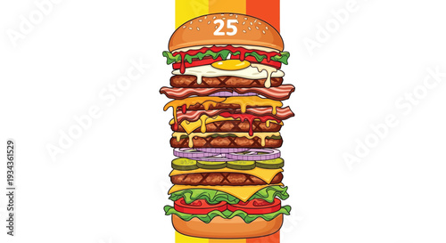 Giant stacked burger with multiple layers and toppings