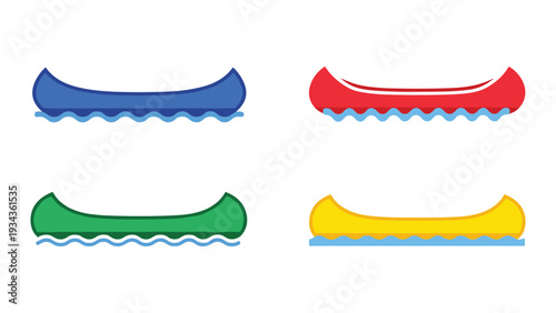 Four distinct colored canoes floating on water with wavy lines underneath