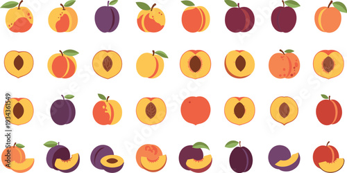 Vibrant fruit icons of peaches and plums on white background