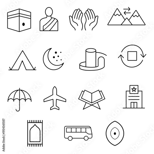 Title: Islamic Hajj and Umrah pilgrimage line icon set