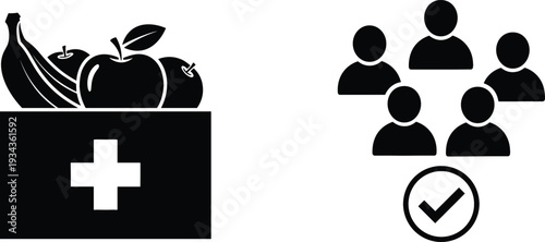 Food Assistance and Community Support Concept with Donation Box, Fresh Produce, Volunteer Group, and Checkmark Approval Symbol Illustration