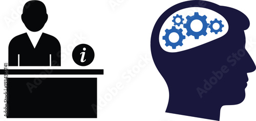 Customer Service and Knowledge Support Concept with Information Desk Icon and Human Head with Gears Representing Learning, Thinking, and Problem Solving