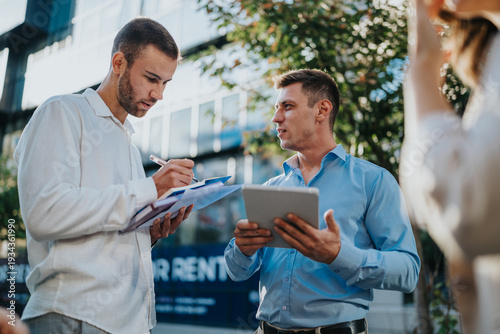Two men in business attire discuss plans outdoors, one holding a clipboard and the other a tablet. The scene shows a casual outdoor meeting on a sunny day with a blurred passerby.