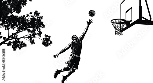Basketball player jumping to dunk ball into hoop with tree silhouette basketball hoop 1