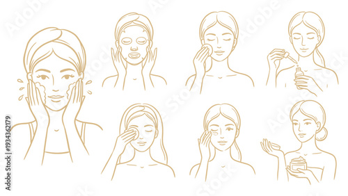 Hand Drawn Skincare Routine Steps Woman Face Outline Set