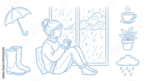 Hand Drawn Cozy Woman Watching Rain With Hot Drink Blue Line Art Set