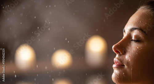 Refreshing water cascade gently caresses a serene woman's face, eyes closed in blissful relaxation during a rejuvenating spa session for ultimate wellness and peace