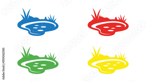 Four whimsical cartoon weather icons with expressive faces and grassy bottoms.