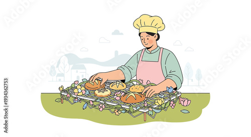 Baker Decorating Fresh Bread with Spring Flowers and Butterflies