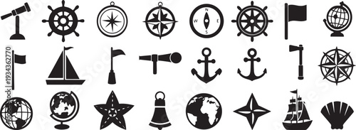 “Nautical Icon Silhouette Set – Free Anchor, Ship, Compass, Globe, Flag, Bell, and Telescope Vector Collection” .