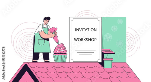 Baker Decorating Giant Cupcake for Invitation Workshop Event