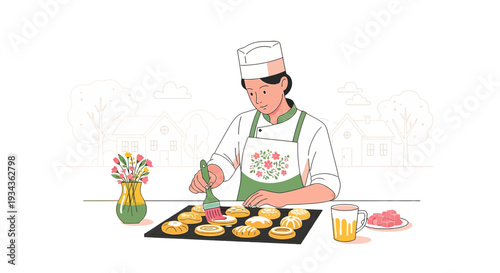 Baker Decorating Pastries on Baking Sheet with Floral Apron and Flowers