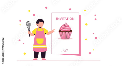 Baker invites to party with cupcake invitation, whisk, pink apron, confetti