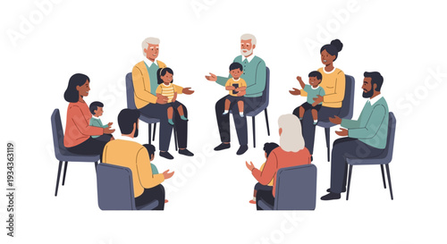 Diverse Parents, Grandparents, and Children in a Support Group Circle - Community, Family, Education, and Intergenerational Bonding