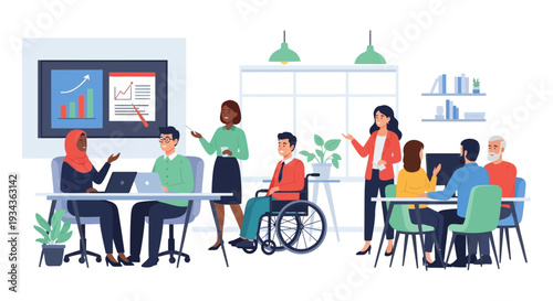 Diverse Business Team Collaboration & Inclusive Workplace Meeting. Professionals of Varied Backgrounds, Ages, and Abilities Working Together with Data Presentation.