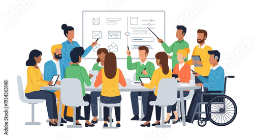 Diverse Business Team Collaboration at Meeting: Professionals Brainstorming, Planning, and Presenting Ideas with Whiteboard