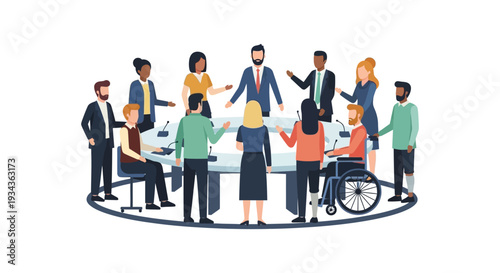 Diverse Business Professionals Meeting Illustration for Global Collaboration and Inclusive Discussion