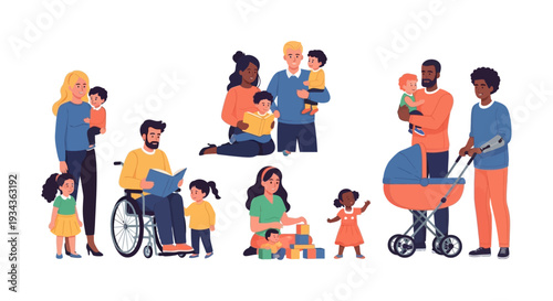 Diverse & Inclusive Families: Modern Parenthood, Childhood, Disability, LGBTQ+, Interracial - Vector Illustration
