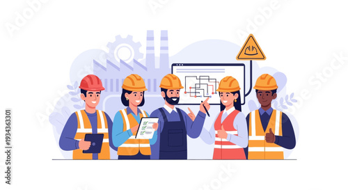 Professional Diverse Construction & Engineering Team Collaborating on Industrial Project with Safety Gear