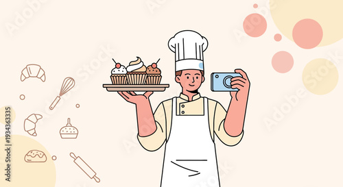 Baker Taking Photo of Cupcakes with Smartphone, Baking Icons