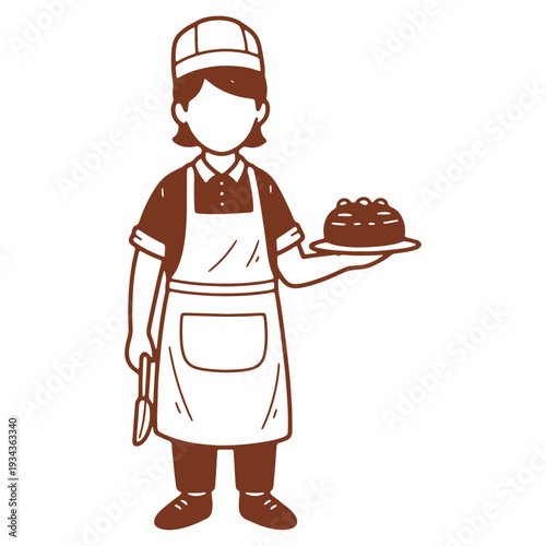 Illustration of a pastry chef serving a delicious dessert with a spatula in hand ready to share happiness