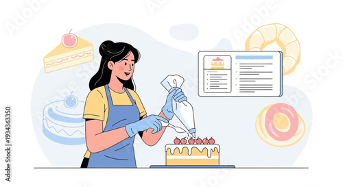 Baker Decorating Cake with Icing Bag, Pastries and Dessert Illustrations