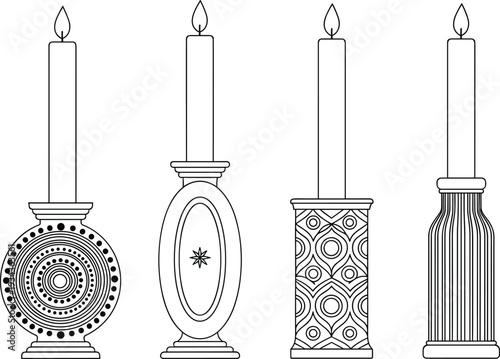 Four black and white candlesticks with ornate holders decorative line candle