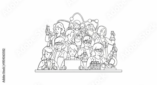 Diverse group of women in lab coats engaging in scientific experiments