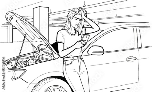 Frustrated woman with broken car and phone in garage