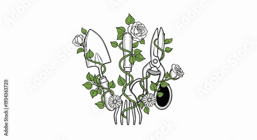 Garden tools entwined with blooming roses and vines