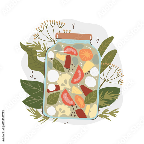 Homemade canning jar isolated on white background. Glass jar filled with mixed vegetables, surrounded by fresh dill leaves and herbs. Farmhouse food preservation concept with organic ingredients.