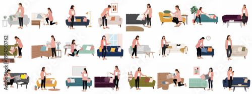 Woman Decorating and Arranging Sofas in Various Modern Living Rooms: A Collection of Home Styling and Interior Design Concepts.