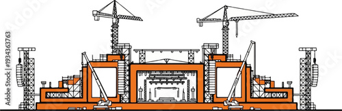 Large stage structure under construction with cranes and lighting rig