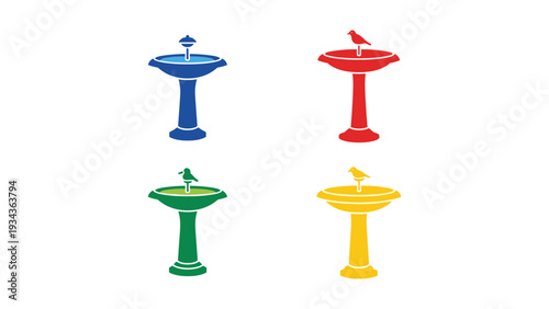 Four stylized toilets in distinct colors and designs