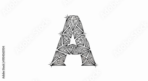 Intricate letter 'A' formed from faceted gemstones on a white background