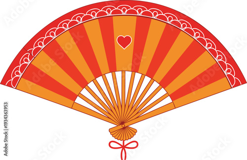 Red and orange hand fan with heart and white details