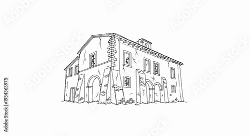 Line art depicts a dilapidated two-story building with arched doorways and cracked walls