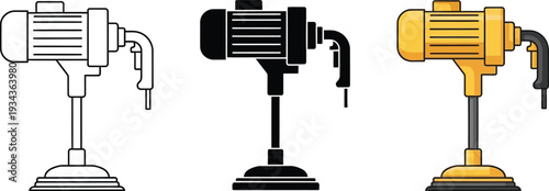 Collection of industrial mixer icons representing different styles and colors for construction and manufacturing applications isolated on white