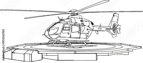 Line art of a modern helicopter resting on a helipad platform