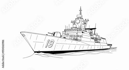 Line drawing of a modern warship, numbered 19, sailing on water