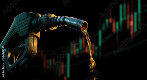 energy shortage crisis picture of gasoline petroleum fuel nozzle with blurred background of oil price graph of the energy business market.