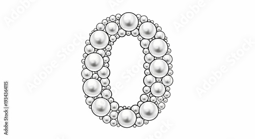Number zero shape formed by a mosaic of gleaming, varying-sized white pearls